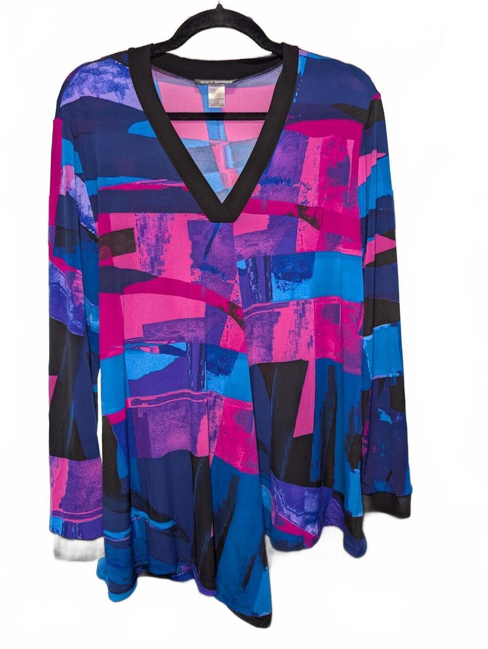 Soft Works Women's Abstract Print Long Sleeve V-Neck Tunic Top Size L/G